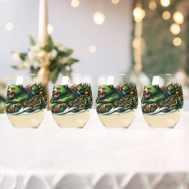 Animated Bears Riding a Green Car  Stemless Wine Glass (Insitu (Wedding))