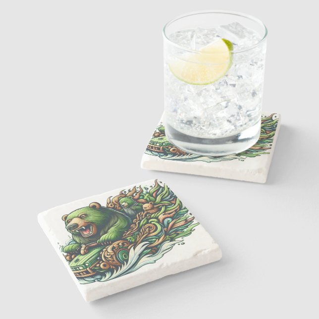 Animated Bears Riding a Green Car  Stone Coaster (Side)