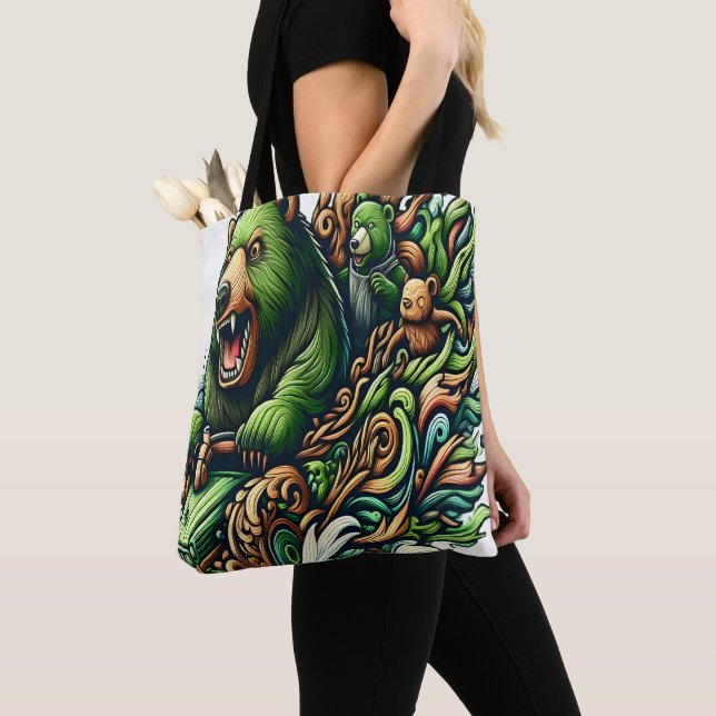 Animated Bears Riding a Green Car  Tote Bag (Close Up)
