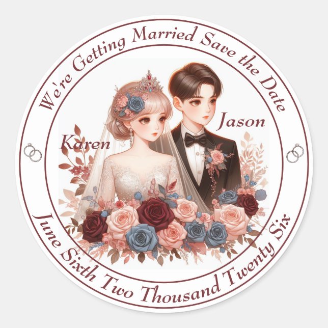Animated Bride and Groom Save The Date  Classic Round Sticker (Front)