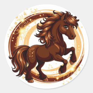 Animated Brown Horse Rearing Classic Round Sticker