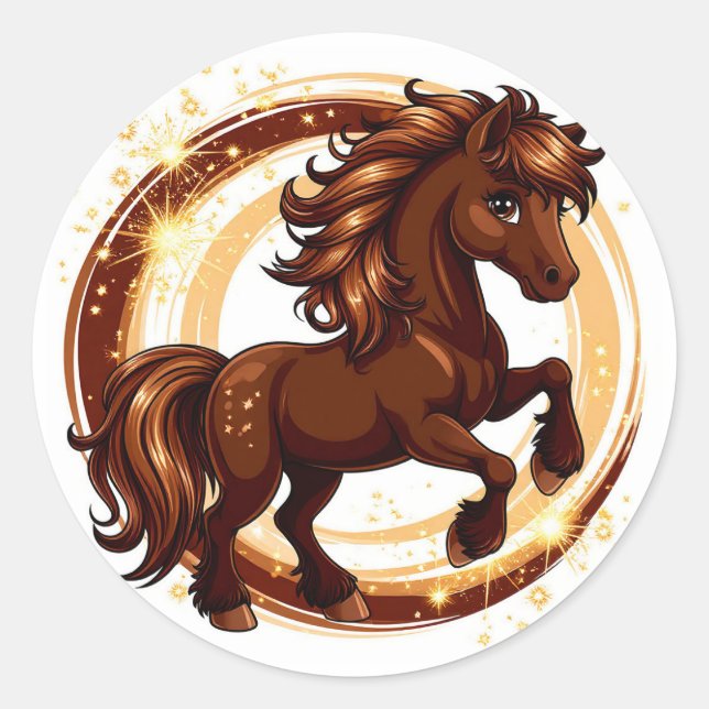 Animated Brown Horse Rearing Classic Round Sticker (Front)