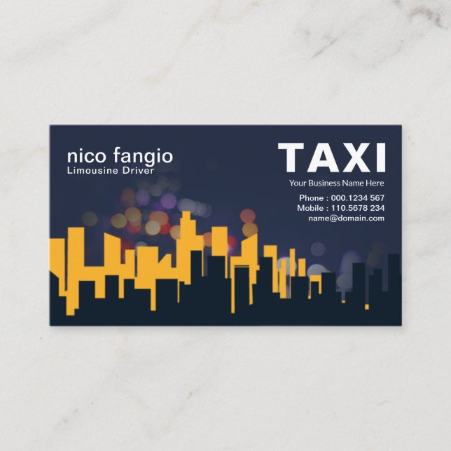 Animated City Night Life Building Silhouette Taxi Business Card (Front)