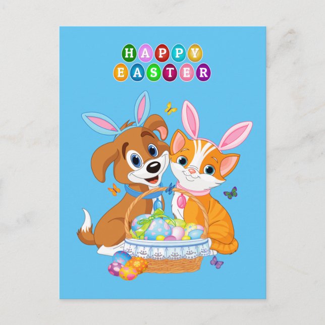 Animated Easter dog and cat background Postcard (Front)