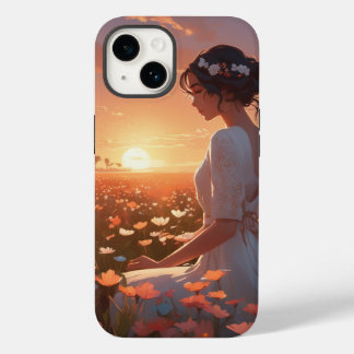 Animated Girl in White Sitting in a Flower Field Case-Mate iPhone 14 Case