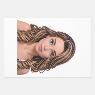 Animated Girl with Wavy Highlighted Hair Wrapping Paper Sheet