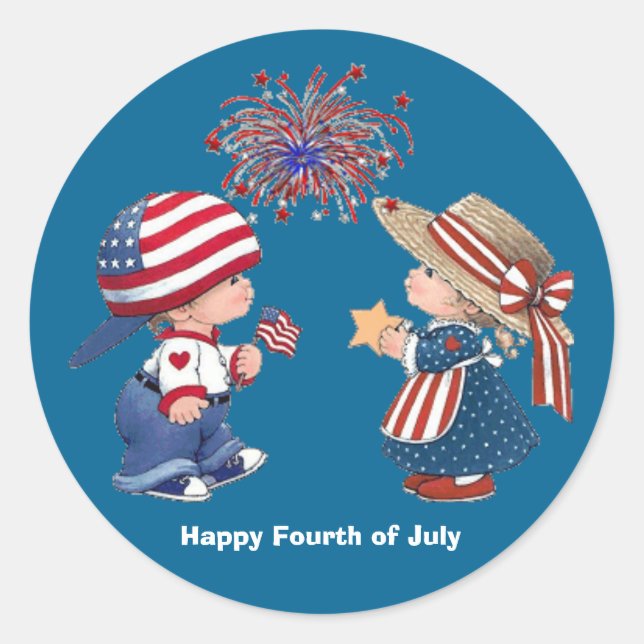 Animated July 4th children Classic Round Sticker (Front)