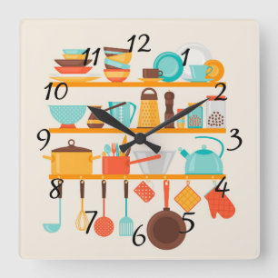 Animated Kitchen Items Square Wall Clock