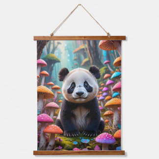 Animated Panda Cub in a Forest of Mushrooms Hanging Tapestry