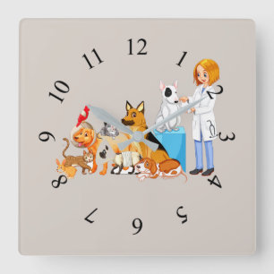 Animated pet animals with Veterinarian Square Wall Clock