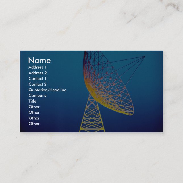Animated satellite dish over blue background business card (Front)
