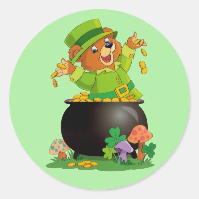 Animated St. Patrick's Day Bear with pot of gold Classic Round Sticker (Front)