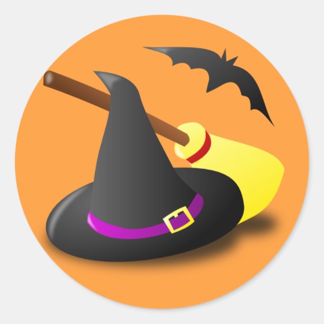 Animated witch hat broom classic round sticker (Front)