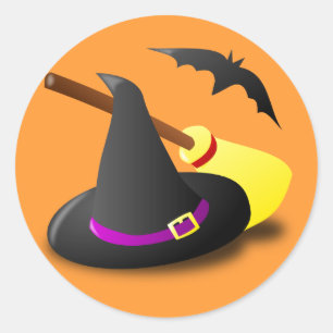 Animated witch hat broom classic round sticker