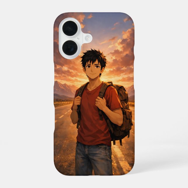 Anime Adventure Boy Sunset Road Mountain iPhone 16 Case (Back)