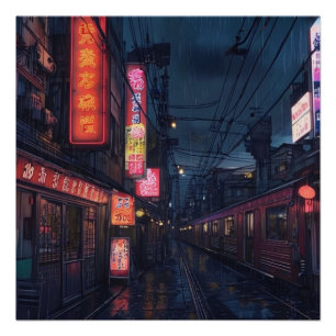 Anime Aesthetic City Street Night View with Train  Poster