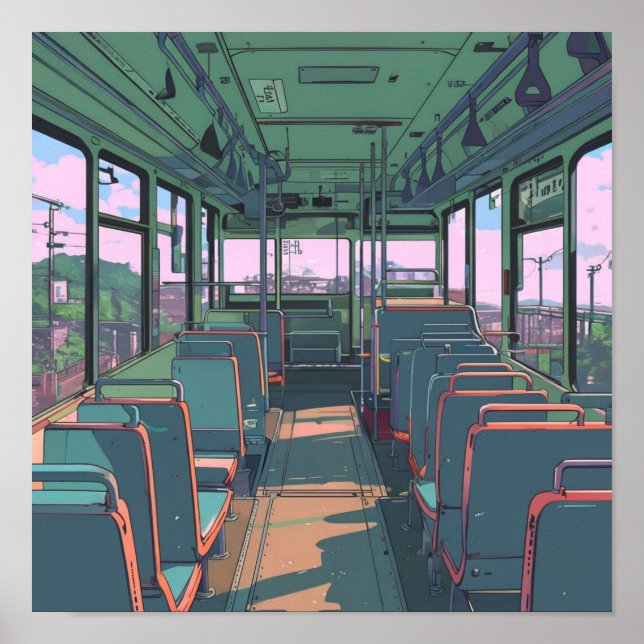 Anime Aesthetic Inside a Bus Landscape Art Print (Front)
