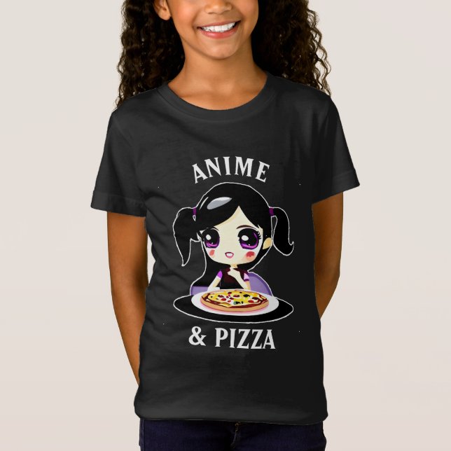 Anime and Pizza Black and Purple Cartoon T-Shirt (Front)