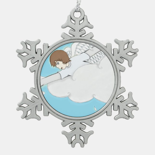 Anime Angel Boy Reaching Out From Clouds Snowflake Pewter Christmas Ornament (Front)