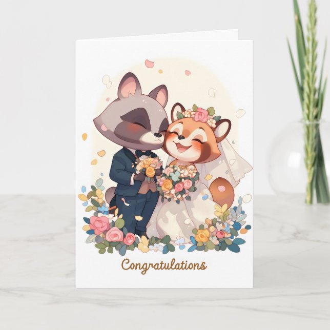 Anime Animals Cute Wedding Congratulations Holiday Card (Front)