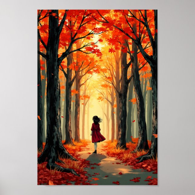 Anime Autumn Forest Golden Light Wall Art (Front)