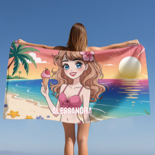 Anime Beach Girl – Tropical Sunset with Ice Cream Towel