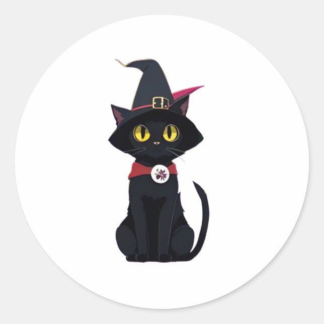 Anime Black Cat with a Witchs Hat (Pumpkin)   Classic Round Sticker (Front)