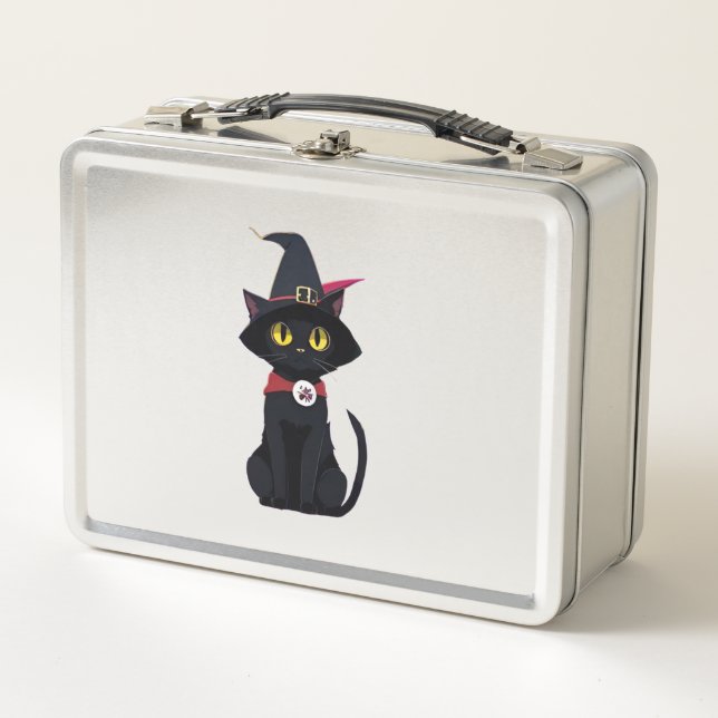 Anime Black Cat with a Witchs Hat (Pumpkin)   Metal Lunch Box (Front)
