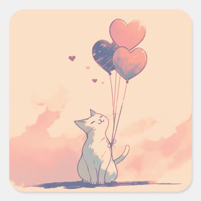 Anime Black Cat with Heart Shaped Balloons  Square Sticker (Front)