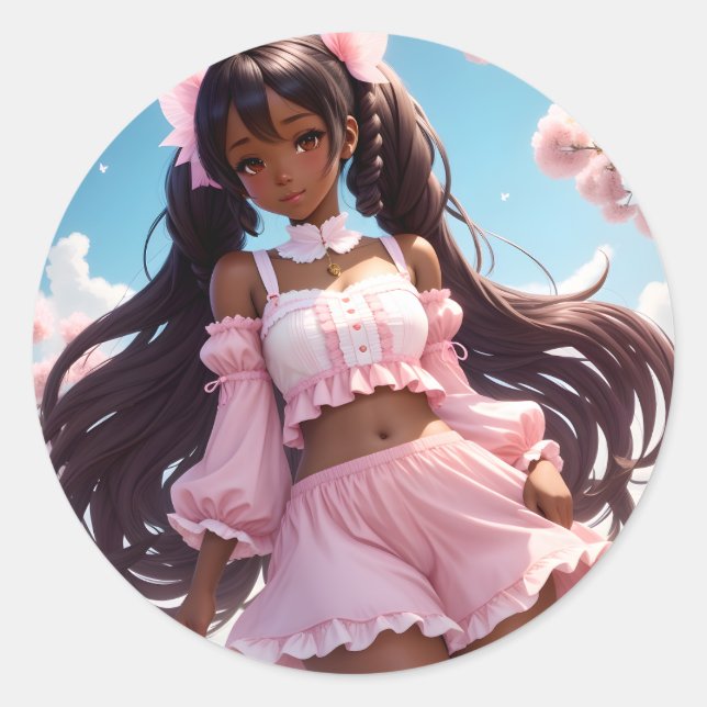 Anime Black Girl Pink Animecore Classic Round Sticker (Front)