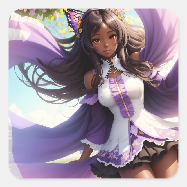 Anime Black Girl Purple Animecore Square Sticker (Front)