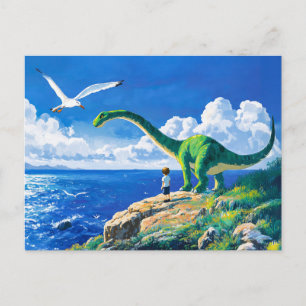 Anime boy and Brachiosaurus overlooking sea Holiday Postcard