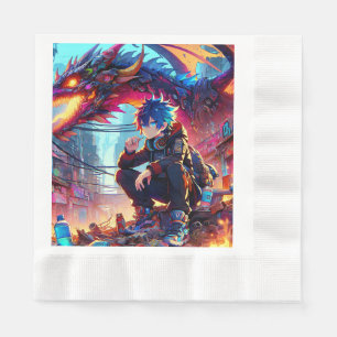 Anime Boy and Dragon in a Dystopian World Napkin