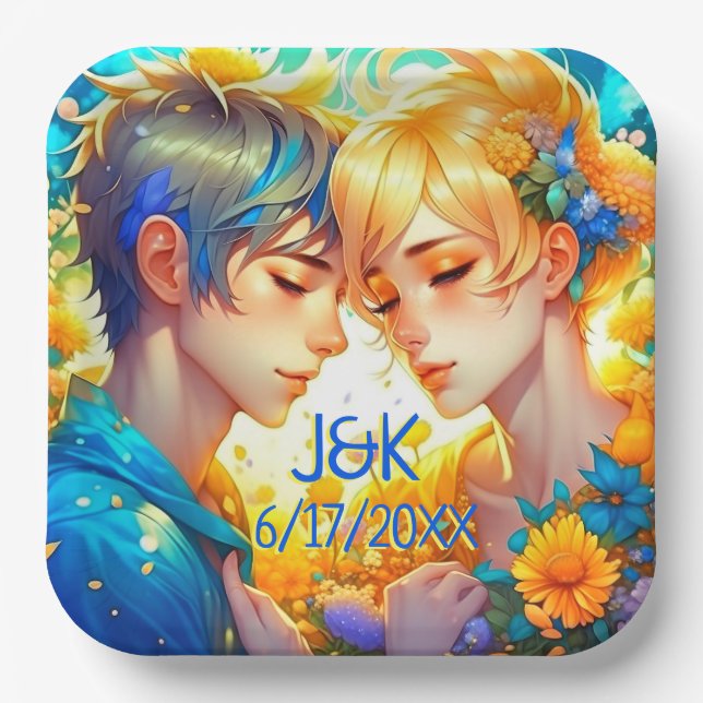 Anime Boy and Girl Floral Couple Personalised Paper Plate (Front)