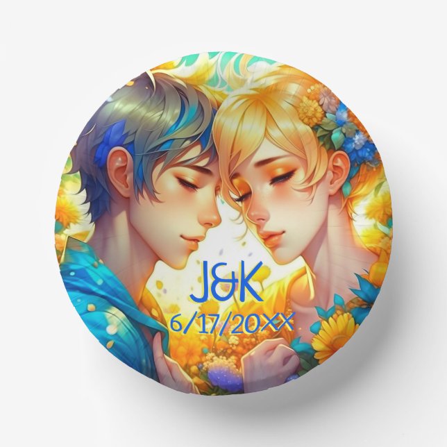 Anime Boy and Girl Floral Couple Personalised Paper Plate (Front)