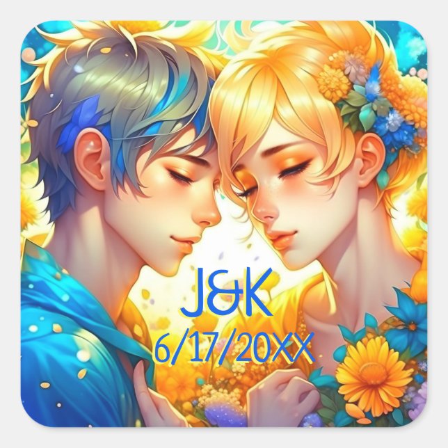 Anime Boy and Girl Floral Couple Personalised Square Sticker (Front)