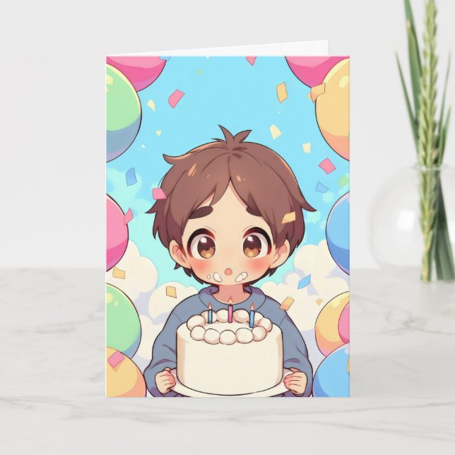 Anime Boy Birthday Cake Colourful Holiday Card (Front)