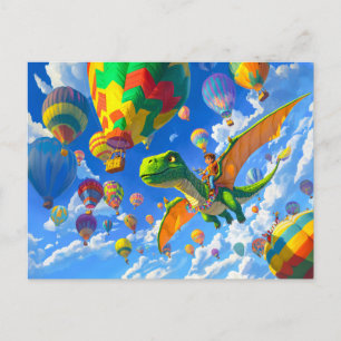 Anime boy flying dinosaur dragon and balloons holiday postcard