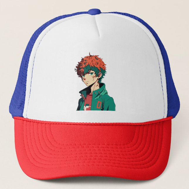 Anime Boy: Orange and Green Hair - Manga Delight Trucker Hat (Front)