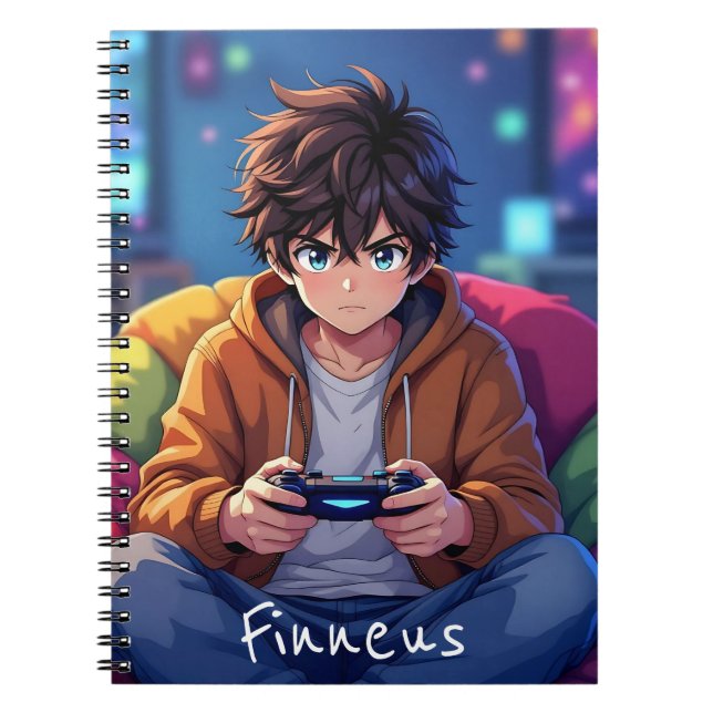 Anime Boy playing Video Game Personalised Notebook (Front)