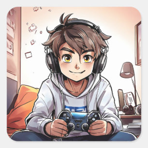 Anime Boy Playing Video Games Square Sticker
