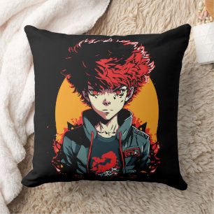 Anime Boy: Red and Black Hair Illustration Cushion