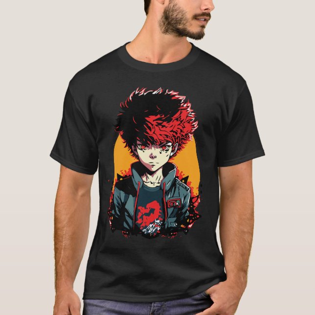 Anime Boy: Red and Black Hair Illustration T-Shirt (Front)