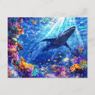 Anime boy swimming with Liopleurodon reef Holiday Postcard