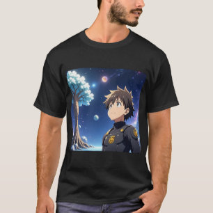 Anime Boy Under Starry Sky with Planets – Fantasy  T-Shirt