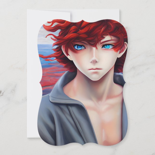 Anime Boy with Red Curly Hair Oil Painting Card (Front)