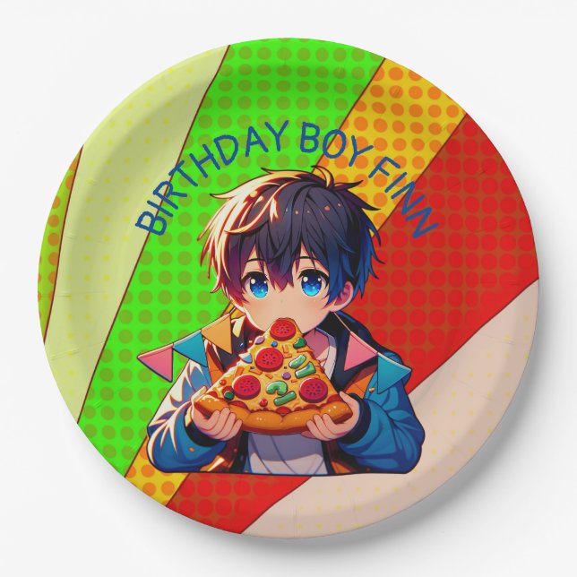 Anime Boy's Pizza Party Personalised Paper Plate (Front)