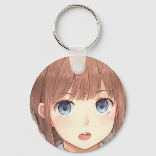 Anime brown-haired girl with blue eyes surprised  key ring (Front)