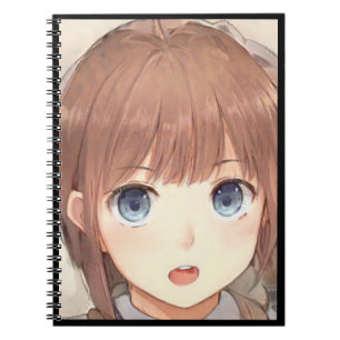 Anime brown-haired girl with blue eyes surprised notebook