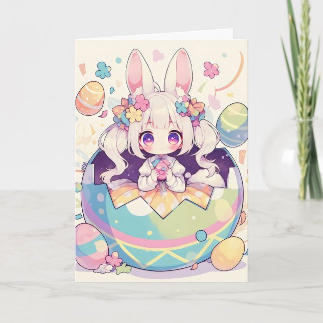 Anime Bunny Girl Easter Egg Holiday Card (Front)